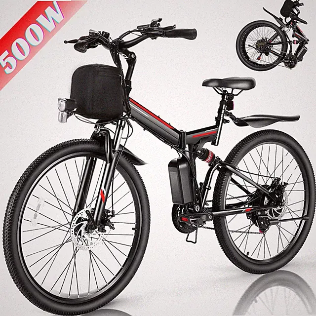 26"Electric Bike for Adults 500W 48V Folding eBike 21Speed Cruiser Bicycle w/LCD