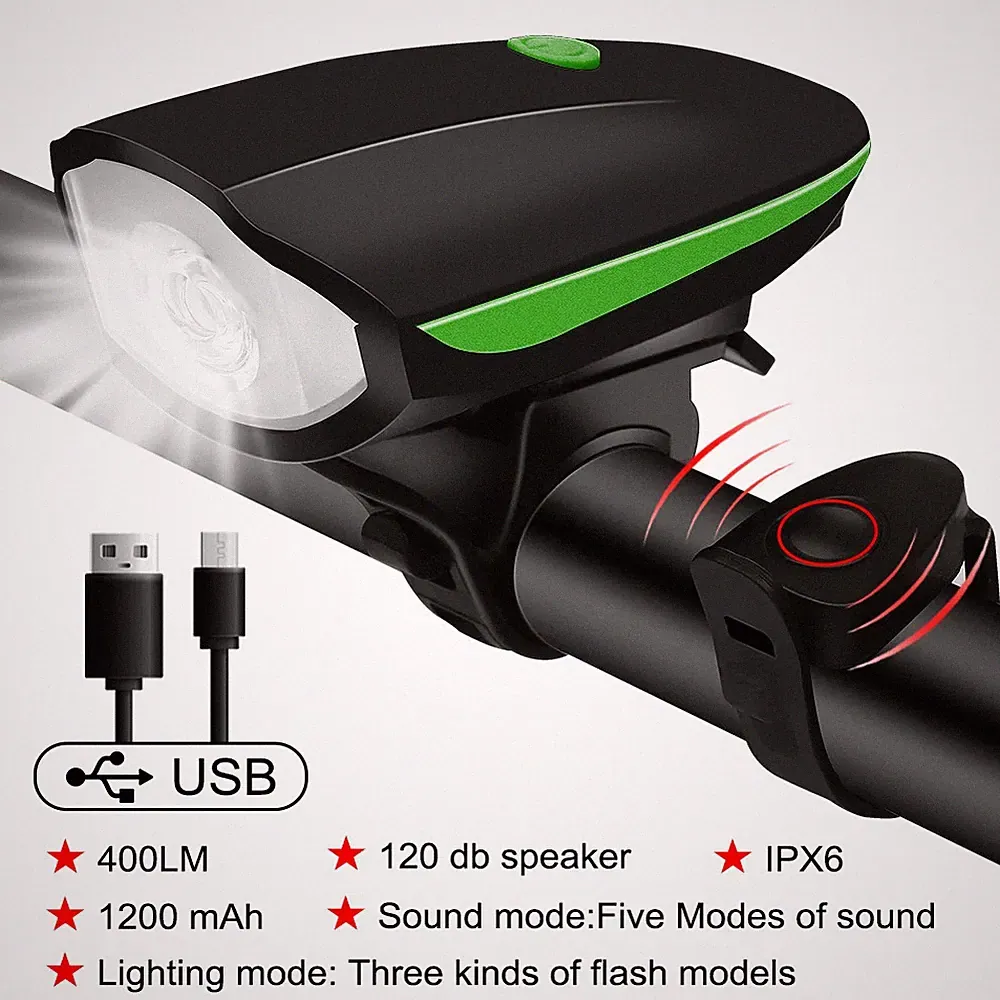 Bicycle Front Light with Electric Loud Horn Waterproof Bike Headlight USB Rechar