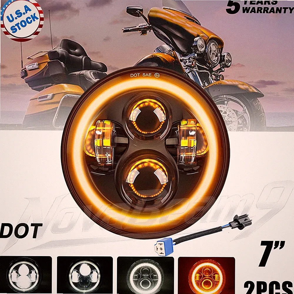 DOT 7" Motorcycle Headlight Hi-Low Lamp Round LED Projector For Touring Bike