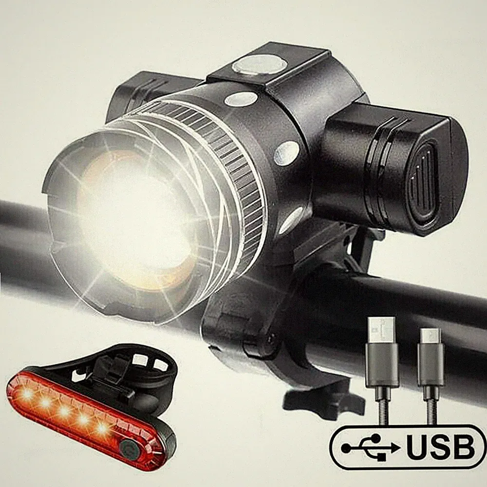 High Range LED Mountain Bike Lights Bicycle Flashlight Headlight +Rear Light Kit