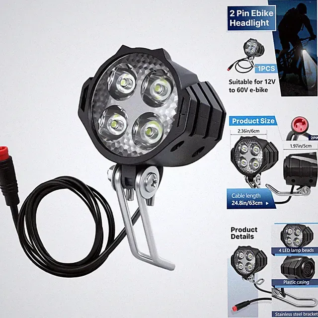 LED Ebike Headlight 2 Pin Waterproof Front Light 12V-60V Electric Bike Scooter