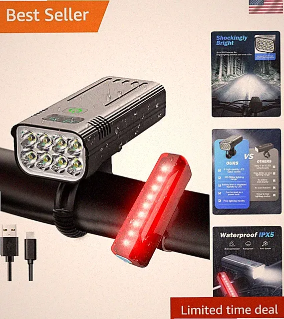 Lightweight High Brightness Bike Headlight & Taillight - Easy to Install & Carry