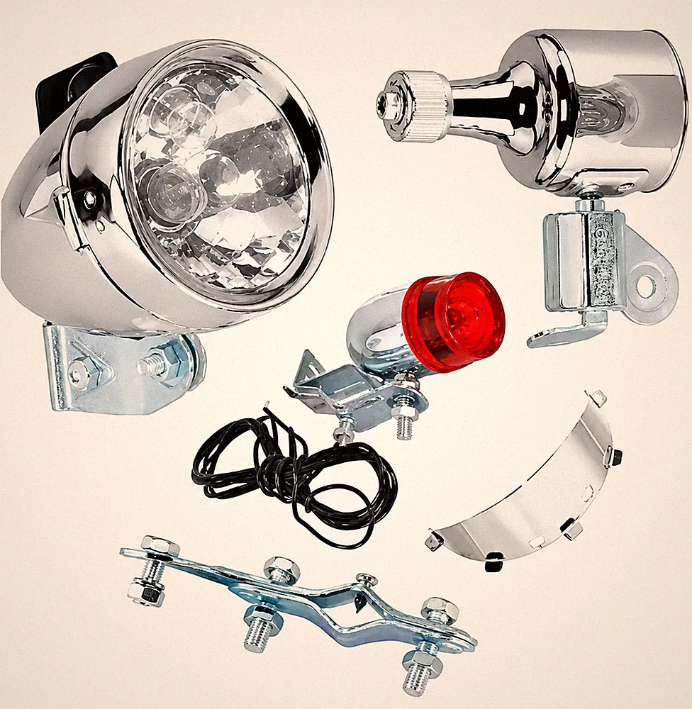 LOWIRDER Bullet Headlight Taillight Generator Set Chrome Cruiser Bicycle w/Visor